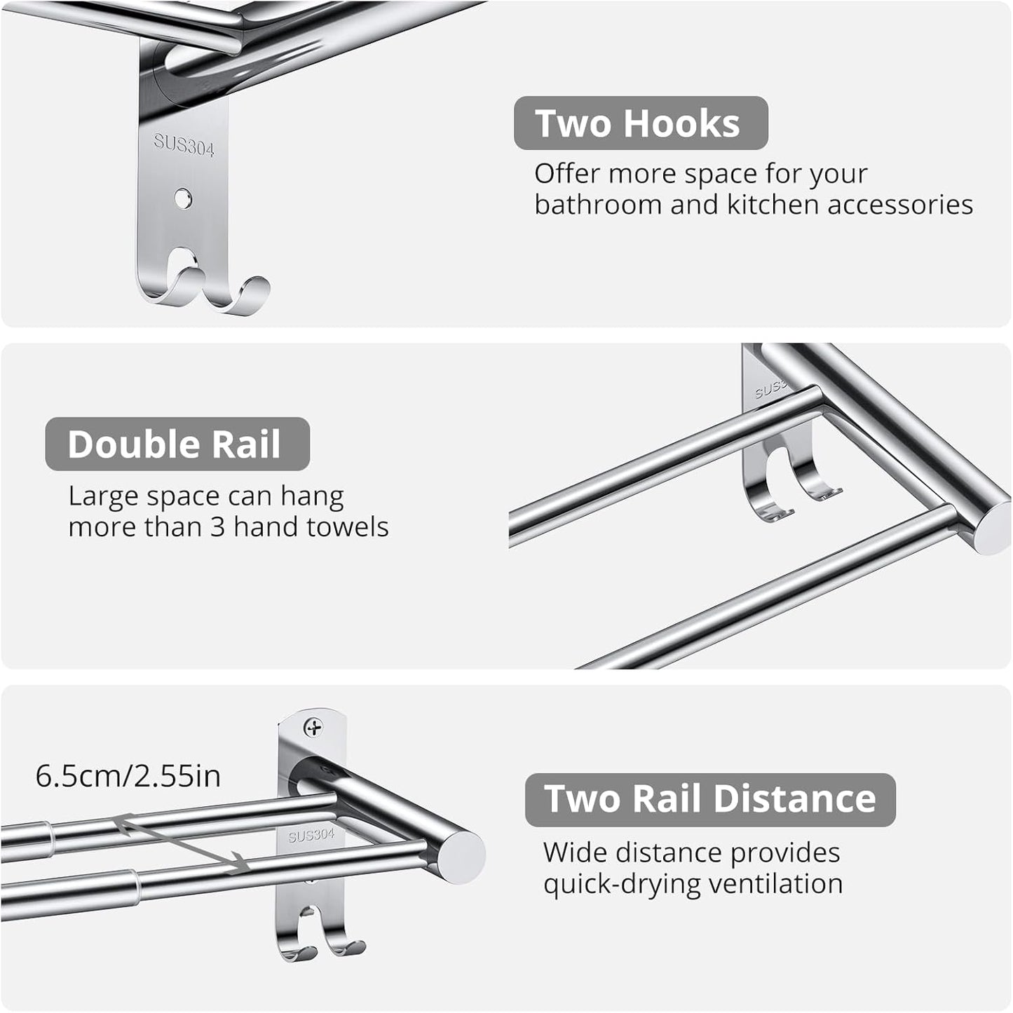 Tanice Double Towel Rail, Stainless Steel Towel Rail Retractable 40-70 cm/15.75-27.56 Inch Towel Rack Wall Mounted with Screws for Bathroom and Kitchen