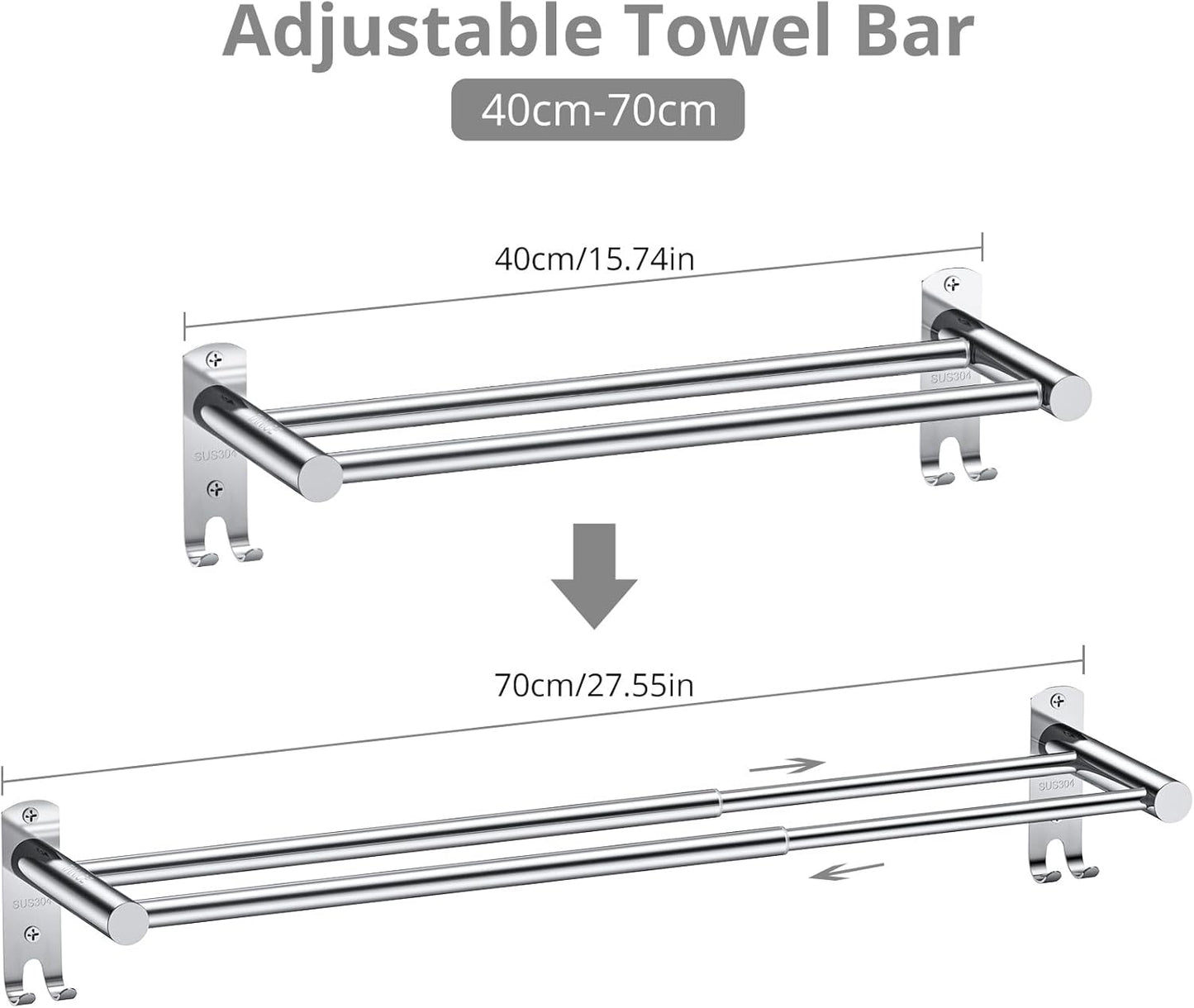 Tanice Double Towel Rail, Stainless Steel Towel Rail Retractable 40-70 cm/15.75-27.56 Inch Towel Rack Wall Mounted with Screws for Bathroom and Kitchen